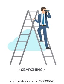 Searching man dressed in formal suit standing on ladder and looking at something through binocular vector illustration isolated on white