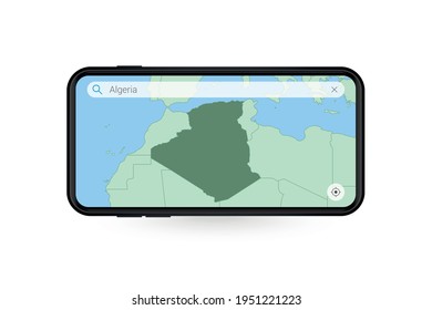 Searching map of Algeria in Smartphone map application. Map of Algeria in Cell Phone. Vector illustration.