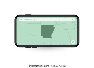 Searching map of Arkansas in Smartphone map application. Map of Arkansas in Cell Phone. Vector illustration.