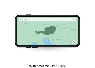 Searching map of Austria in Smartphone map application. Map of Austria in Cell Phone. Vector illustration.