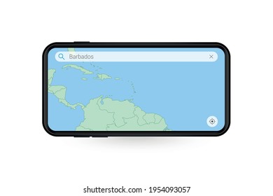 Searching map of Barbados in Smartphone map application. Map of Barbados in Cell Phone. Vector illustration.