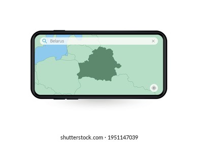 Mapa de búsqueda de Bielorrusia en la aplicación de mapa de Smartphone. Mapa de Bielorrusia en celulares. Ilustración vectorial.