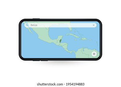 Searching map of Belize in Smartphone map application. Map of Belize in Cell Phone. Vector illustration.