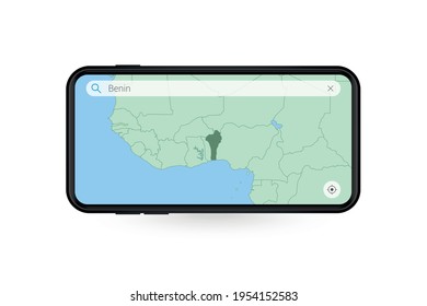 Searching map of Benin in Smartphone map application. Map of Benin in Cell Phone. Vector illustration.