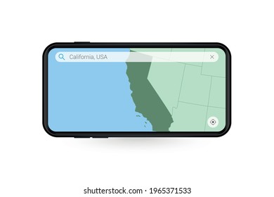 Suchen Sie eine Karte von Kalifornien in Smartphone-Map-Anwendung. Karte von Kalifornien auf dem Handy. Vektorgrafik.