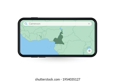 Searching map of Cameroon in Smartphone map application. Map of Cameroon in Cell Phone. Vector illustration.