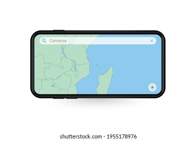 Searching map of Comoros in Smartphone map application. Map of Comoros in Cell Phone. Vector illustration.