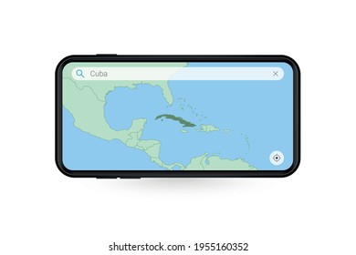 Searching map of Cuba in Smartphone map application. Map of Cuba in Cell Phone. Vector illustration.