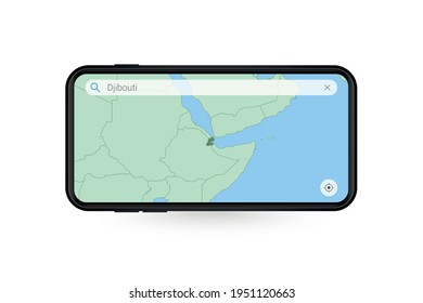 Buscando mapa de Yibuti en la aplicación de mapa de Smartphone. Mapa de Yibuti en celulares. Ilustración vectorial.