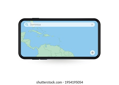Searching map of Dominica in Smartphone map application. Map of Dominica in Cell Phone. Vector illustration.