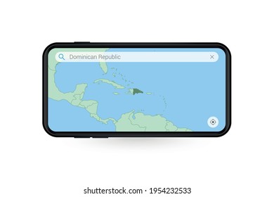 Searching map of Dominican Republic in Smartphone map application. Map of Dominican Republic in Cell Phone. Vector illustration.