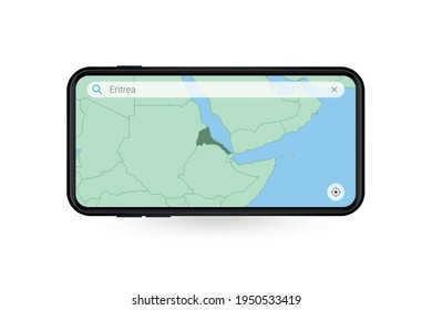 Buscando mapa de Eritrea en la aplicación de mapa de Smartphone. Mapa de Eritrea en celulares. Ilustración vectorial.
