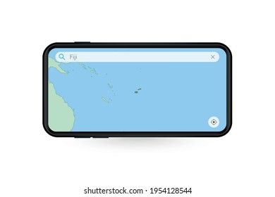 Searching Map Of Fiji In Smartphone Map Application. Map Of Fiji In Cell Phone. Vector Illustration.