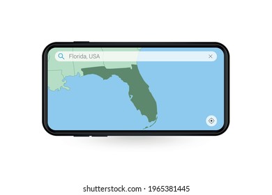 Searching map of Florida in Smartphone map application. Map of Florida in Cell Phone. Vector illustration.