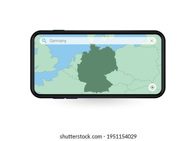 Mapa de búsqueda de Alemania en la aplicación de mapa de Smartphone. Mapa de Alemania en celulares. Ilustración vectorial.