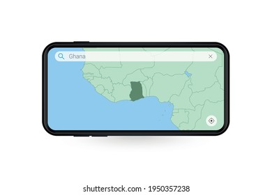 Mapa de búsqueda de Ghana en la aplicación de mapas de Smartphone. Mapa de Ghana en celulares. Ilustración vectorial.