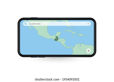 Searching map of Guatemala in Smartphone map application. Map of Guatemala in Cell Phone. Vector illustration.