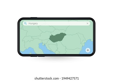 Durchsuchen Sie Ungarn in der Smartphone-Map-Anwendung. Karte von Ungarn auf dem Handy. Vektorgrafik.