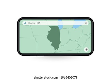 Searching map of Illinois in Smartphone map application. Map of Illinois in Cell Phone. Vector illustration.