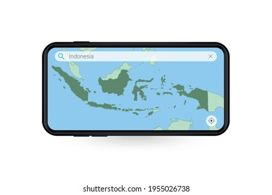 Searching map of Indonesia in Smartphone map application. Map of Indonesia in Cell Phone. Vector illustration.