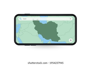 Durchsuchen Sie eine Karte von Iran in Smartphone-Map-Anwendung. Karte des Iran auf dem Handy. Vektorgrafik.