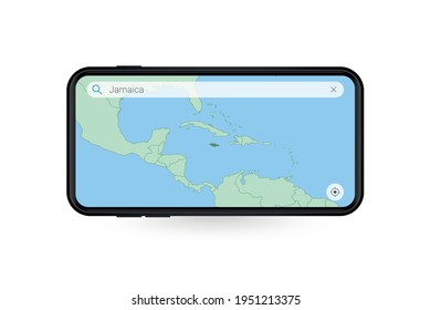 Searching map of Jamaica in Smartphone map application. Map of Jamaica in Cell Phone. Vector illustration.