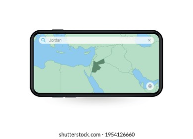 Buscando mapa de Jordania en la aplicación de mapas de Smartphone. Mapa de Jordania en celulares. Ilustración vectorial.