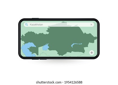 Buscando mapa de Kazajistán en la aplicación de mapas de Smartphone. Mapa de Kazajistán en celulares. Ilustración vectorial.
