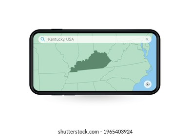 Searching map of Kentucky in Smartphone map application. Map of Kentucky in Cell Phone. Vector illustration.