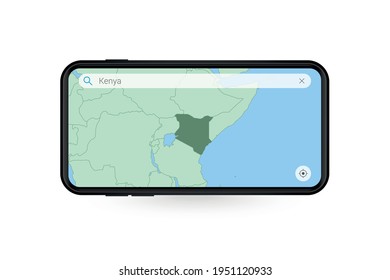 Mapa de búsqueda de Kenia en la aplicación de mapas de Smartphone. Mapa de Kenia con teléfono celular. Ilustración vectorial.