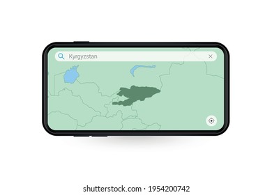 Searching map of Kyrgyzstan in Smartphone map application. Map of Kyrgyzstan in Cell Phone. Vector illustration.