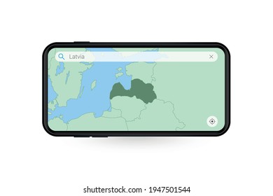 Searching map of Latvia in Smartphone map application. Map of Latvia in Cell Phone. Vector illustration.