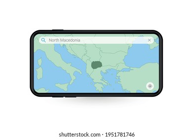 Buscando mapa de Macedonia en la aplicación de mapas de Smartphone. Mapa de Macedonia en celulares. Ilustración vectorial.