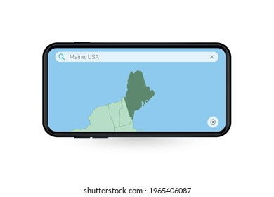 Searching map of Maine in Smartphone map application. Map of Maine in Cell Phone. Vector illustration.