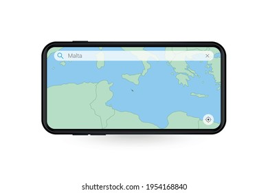 Searching map of Malta in Smartphone map application. Map of Malta in Cell Phone. Vector illustration.