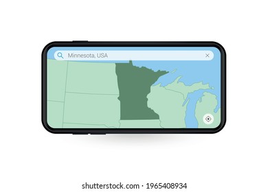 Buscando mapa de Minnesota en la aplicación de mapas de Smartphone. Mapa de Minnesota en el teléfono celular. Ilustración vectorial.