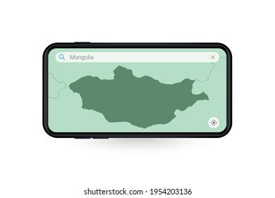 Mapa de búsqueda de Mongolia en la aplicación de mapas de Smartphone. Mapa de Mongolia en celulares. Ilustración vectorial.