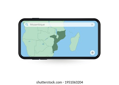 Mapa de búsqueda de Mozambique en la aplicación de mapas de Smartphone. Mapa de Mozambique en celulares. Ilustración vectorial.