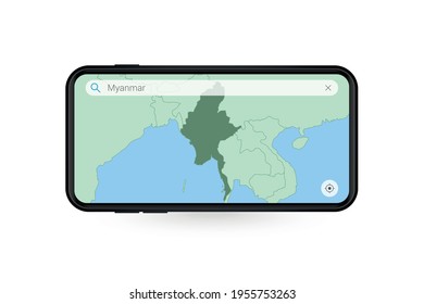 Searching map of Myanmar in Smartphone map application. Map of Myanmar in Cell Phone. Vector illustration.