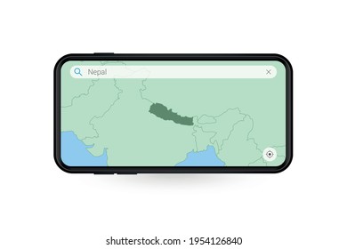 Mapa de búsqueda de Nepal en la aplicación de mapas de Smartphone. Mapa de Nepal en celulares. Ilustración vectorial.