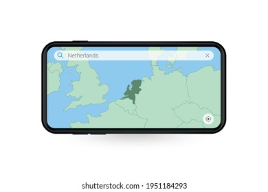 Searching map of Netherlands in Smartphone map application. Map of Netherlands in Cell Phone. Vector illustration.