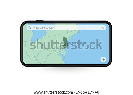 Searching map of New Jersey in Smartphone map application. Map of New Jersey in Cell Phone. Vector illustration.