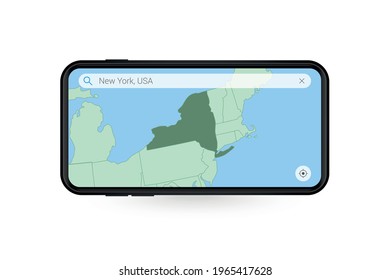Searching map of New York in Smartphone map application. Map of New York in Cell Phone. Vector illustration.