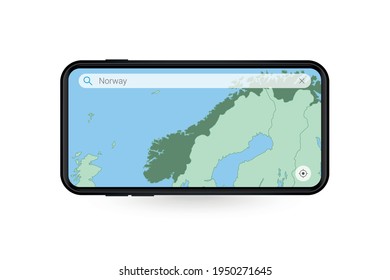 Searching map of Norway in Smartphone map application. Map of Norway in Cell Phone. Vector illustration.