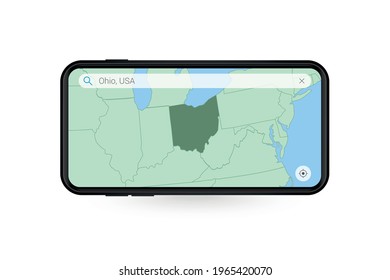 Searching map of Ohio in Smartphone map application. Map of Ohio in Cell Phone. Vector illustration.