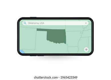 Searching map of Oklahoma in Smartphone map application. Map of Oklahoma in Cell Phone. Vector illustration.