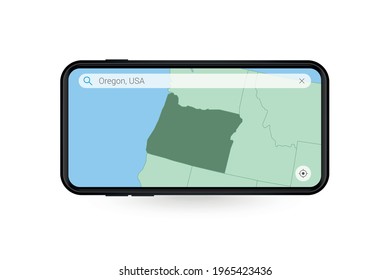 Buscando el mapa de Oregon en la aplicación de mapas de Smartphone. Mapa de Oregon en el teléfono celular. Ilustración vectorial.