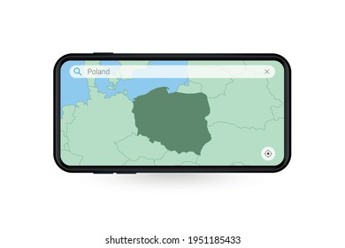 Searching map of Poland in Smartphone map application. Map of Poland in Cell Phone. Vector illustration.