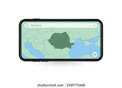 Searching map of Romania in Smartphone map application. Map of Romania in Cell Phone. Vector illustration.