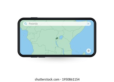 Searching map of Rwanda in Smartphone map application. Map of Rwanda in Cell Phone. Vector illustration.